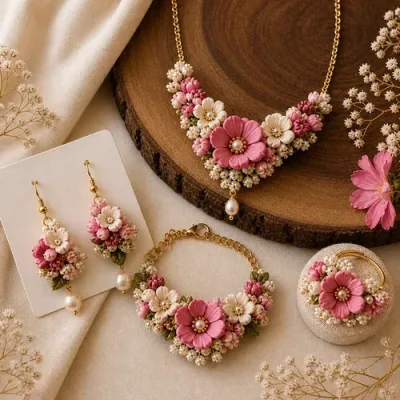 Handmade Flower Jewellery Set – Floral Gota Patti Jewellery for Haldi, Mehendi & Wedding alternate view