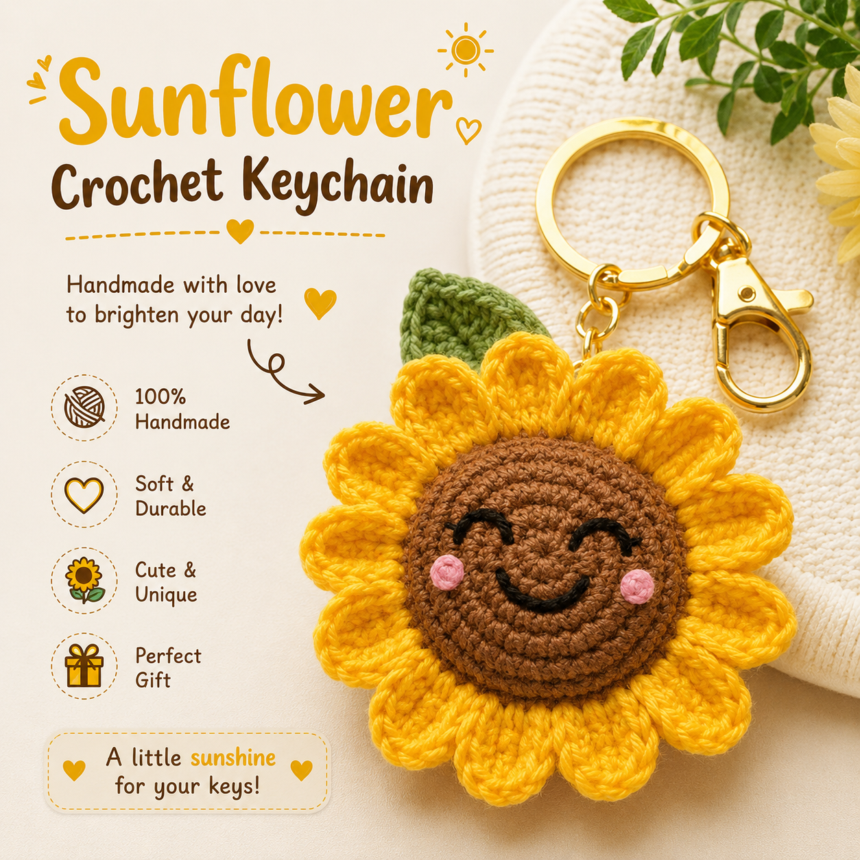Handmade Crochet Sunflower Keychain – Bright Yellow Hand Knitted Sunflower Charm for Keys, Bags & Gifting primary image