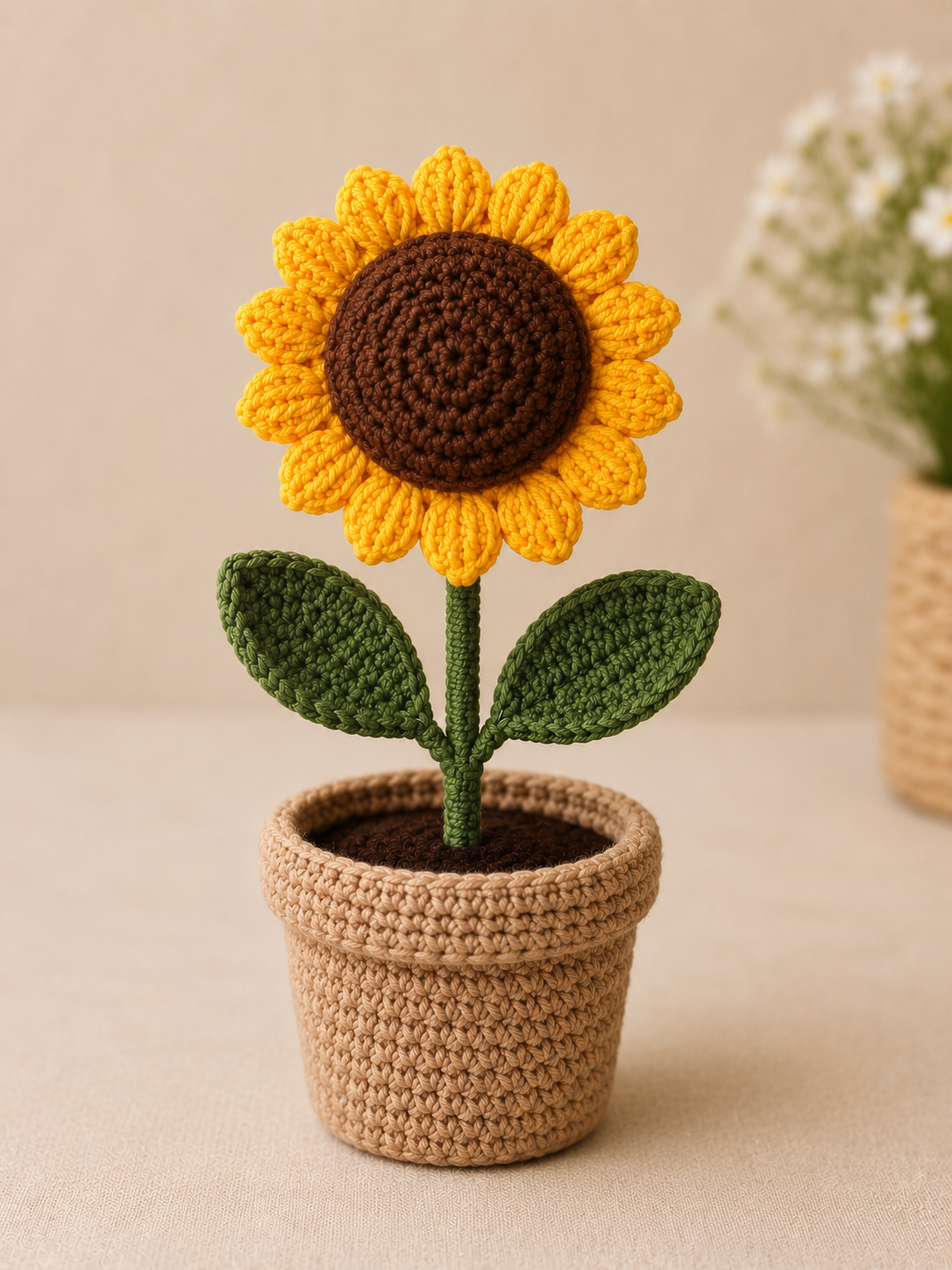Handmade Crochet Sunflower Pot – Hand Knitted Sunflower Arrangement in Decorative Pot for Home Decor, Desk Display & Gifting alternate view