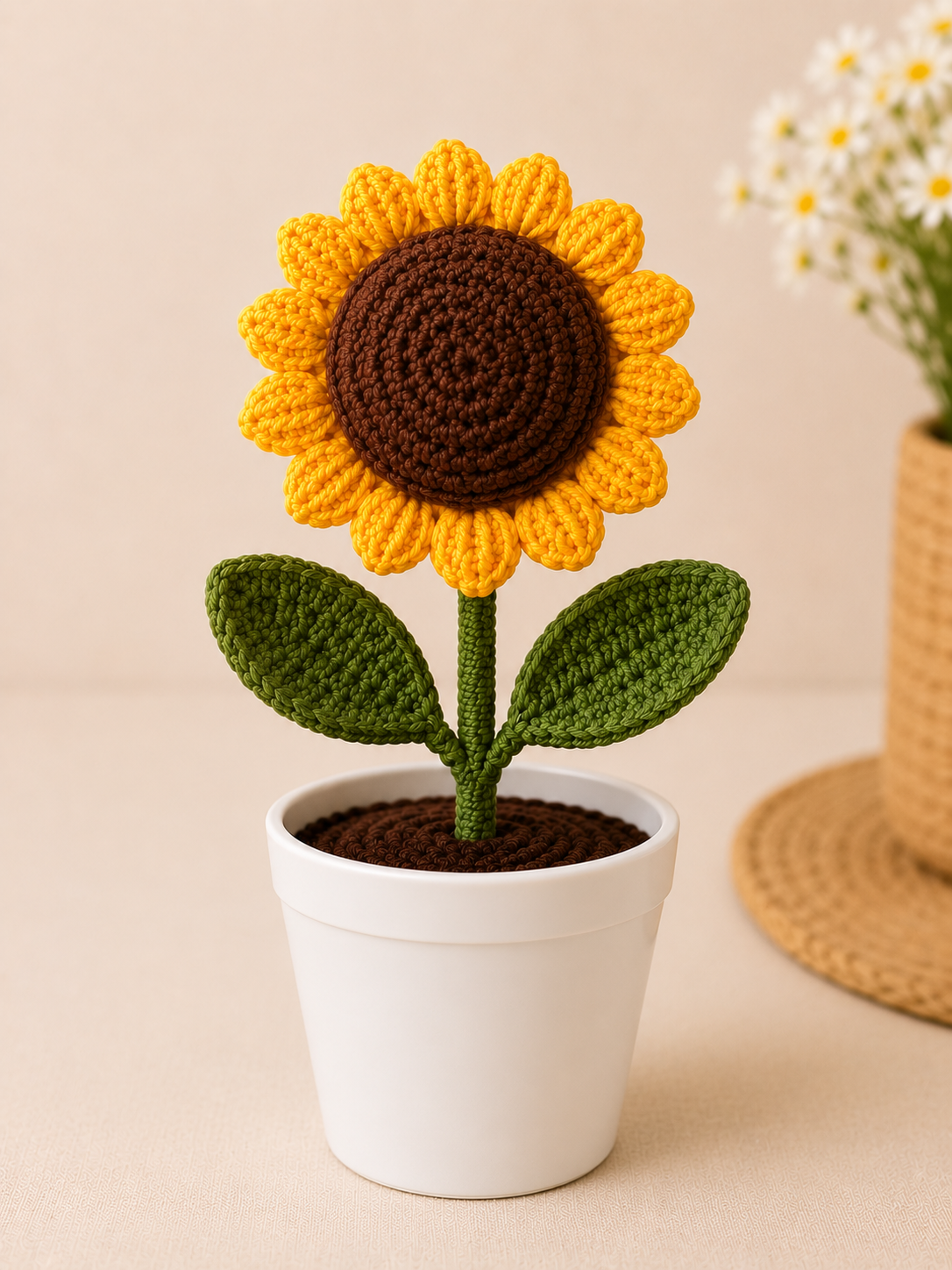 Handmade Crochet Sunflower Arrangement in Plastic Pot – Hand Knitted Sunflower Display Pot for Home Decor, Desk & Gifting alternate view