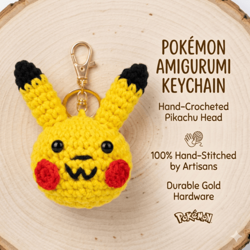 Handmade Crochet Pikachu Inspired Keychain – Adorable Hand Knitted Yellow Electric Mouse Amigurumi Charm for Keys & Bags primary image