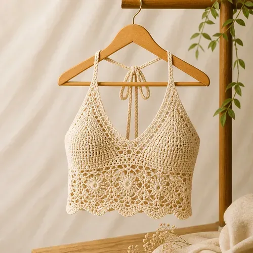 Handmade Crochet Crop Top – Boho Hand Knitted Beach & Festival Top for Women & Girls