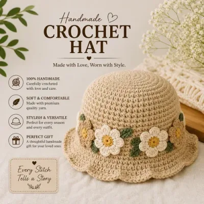 Handmade Crochet Hat – Boho Hand Knitted Bucket Hat & Beanie for Women, Men & Kids primary image
