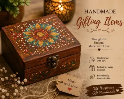 Handmade Wooden Gift Box – Hand Carved & Hand Painted Decorative Wooden Box for Gifting, Jewellery Storage & Home Decor | Personalisable Keepsake Box for Weddings, Diwali & Special Occasions primary image