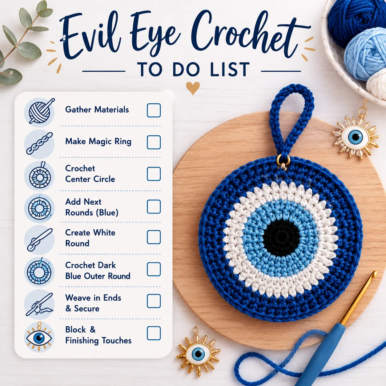 Handmade Crochet Evil Eye Keychain – Boho Hand Knitted Nazar Battu Protection Keychain for Good Luck & Positive Energy