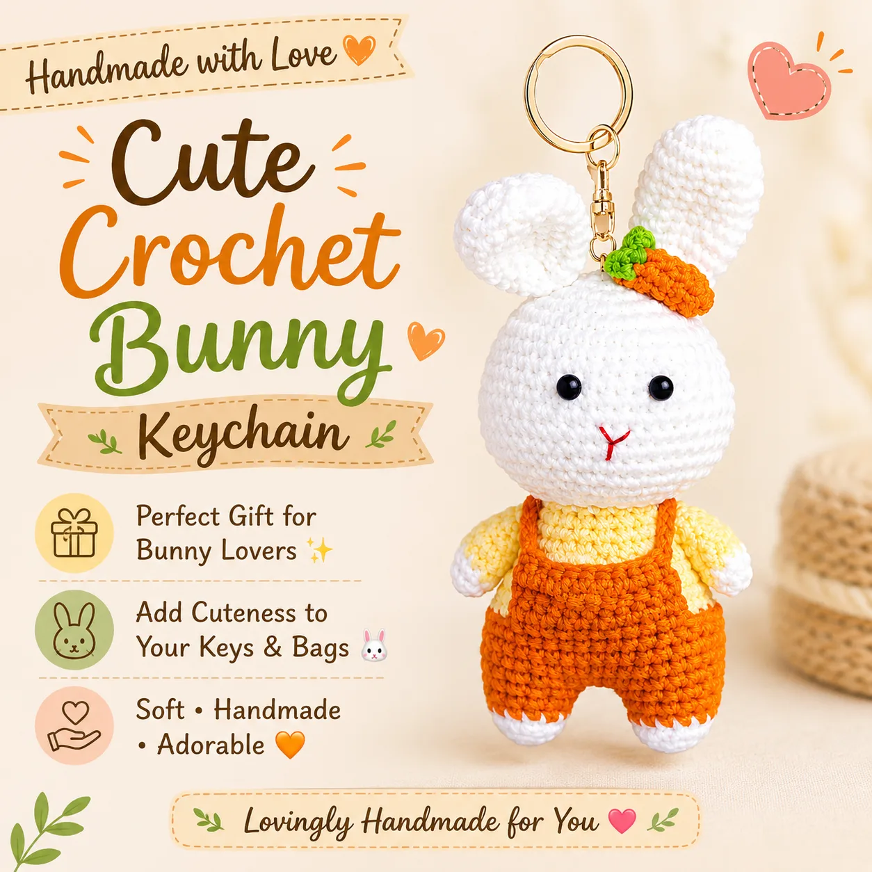 Handmade Crochet Bunny Keychain – Adorable Hand Knitted Amigurumi Rabbit Charm for Keys, Bags & Gifting