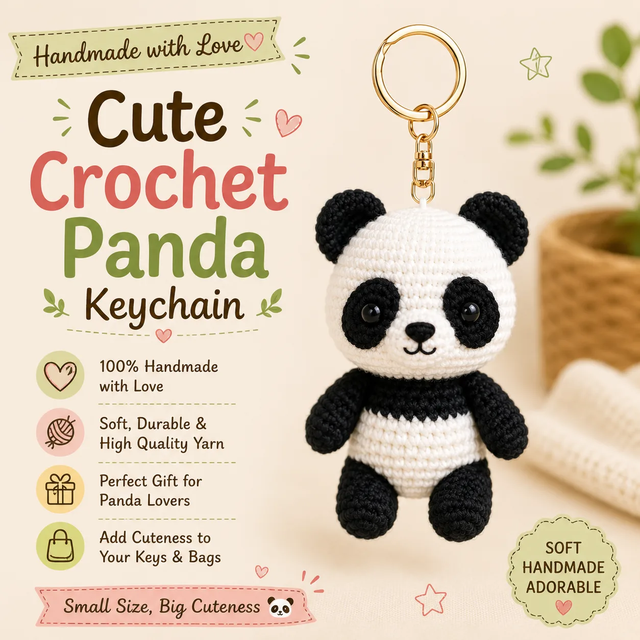 Handmade Crochet Panda Keychain – Adorable Hand Knitted Amigurumi Panda Bear Charm for Keys, Bags & Gifting