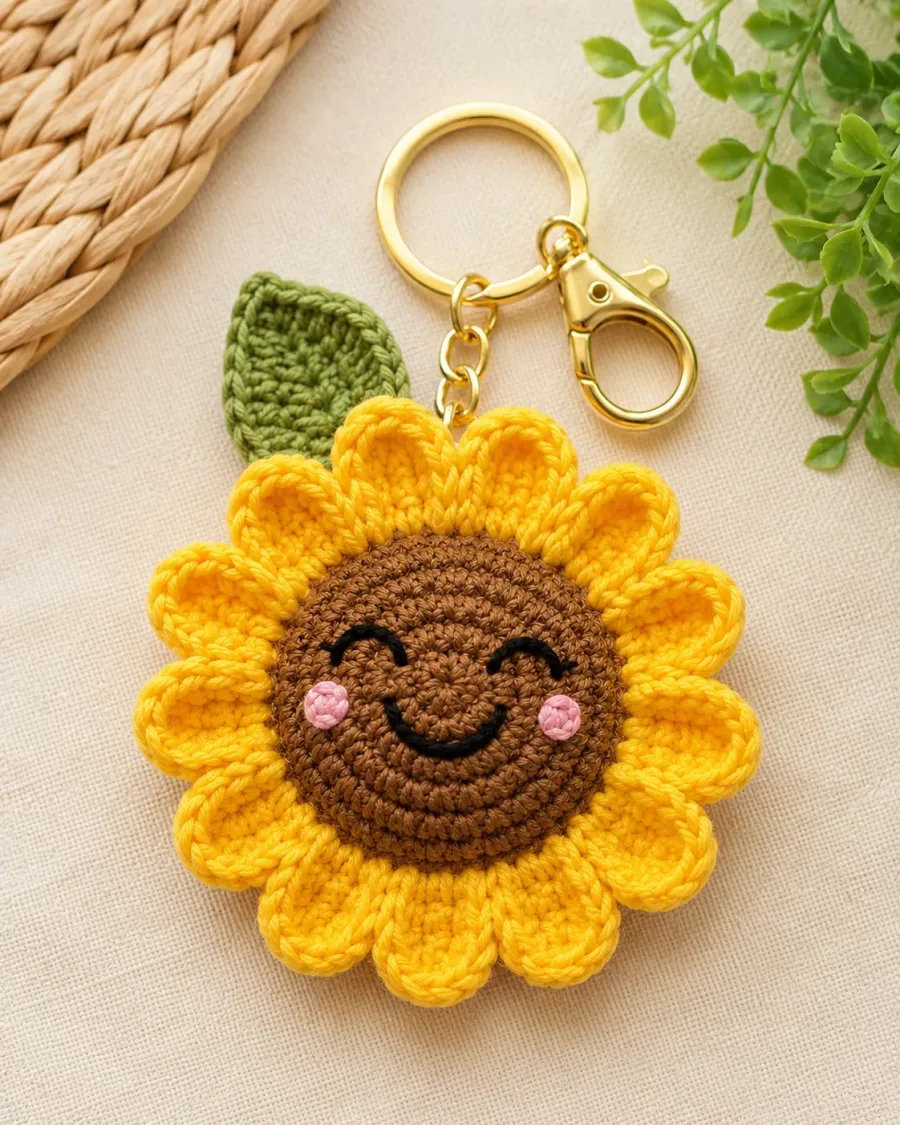 Handmade Crochet Sunflower Keychain – Bright Yellow Hand Knitted Sunflower Charm for Keys, Bags & Gifting