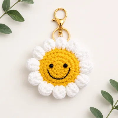 Handmade Crochet Sunflower Keychain – Yellow & White Two Tone Hand Knitted Flower Charm for Keys, Bags & Giftin alternate view