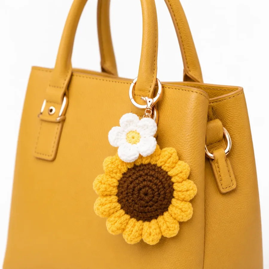 Handmade Crochet Double Sunflower Keychain – Two Blooms Hand Knitted Sunflower Charm for Keys, Bags & Gifting