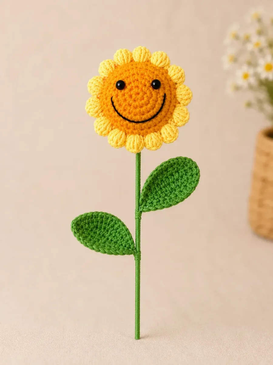Handmade Crochet Sunflower Stick – Hand Knitted Sunflower on Stem for Home Decor, Gifting, Vase Display & Events
