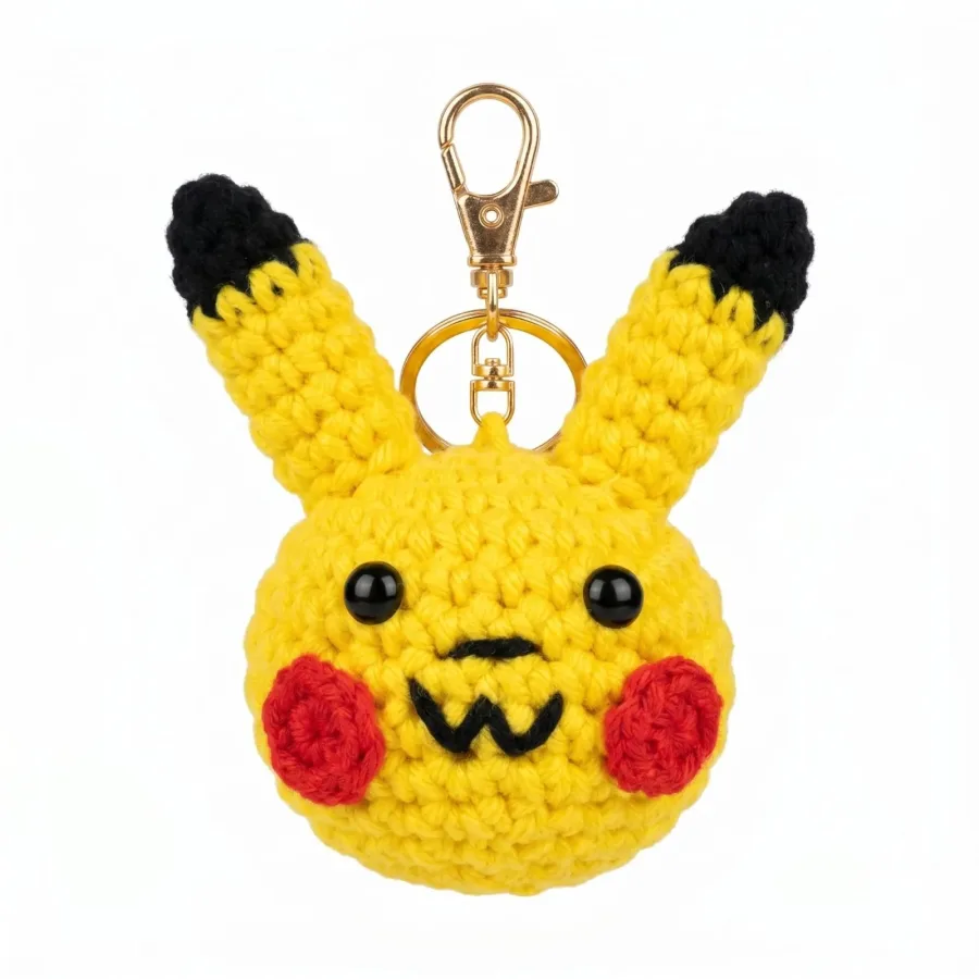 Handmade Crochet Pikachu Inspired Keychain – Adorable Hand Knitted Yellow Electric Mouse Amigurumi Charm for Keys & Bags