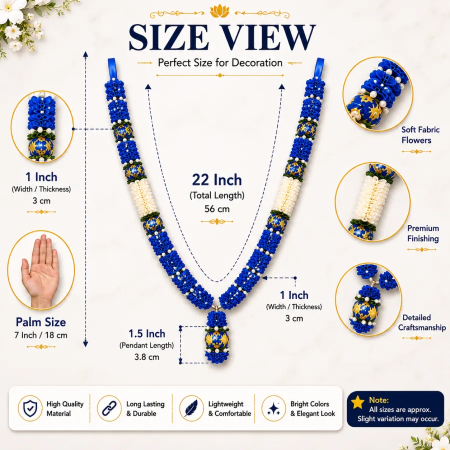 Premium Artificial Photo Frame Mala in Navy Blue & Cream |  Wedding Varmala Garland for God Idol | Soft Fabric Flower Garland