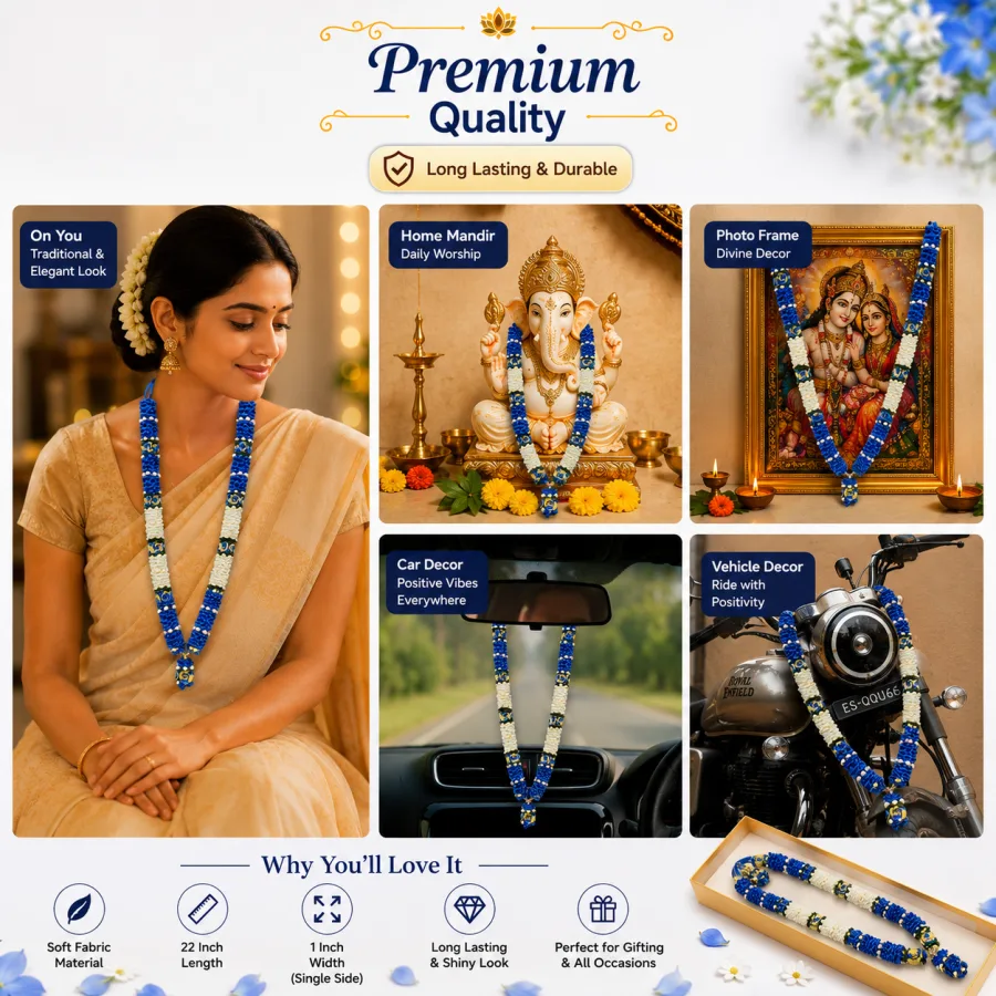 Premium Artificial Photo Frame Mala in Navy Blue & Cream |  Wedding Varmala Garland for God Idol | Soft Fabric Flower Garland