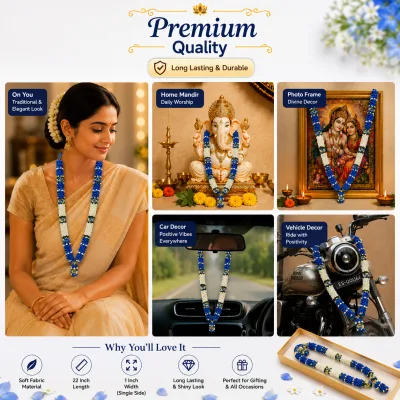 Premium Artificial Photo Frame Mala in Navy Blue & Cream |  Wedding Varmala Garland for God Idol | Soft Fabric Flower Garland