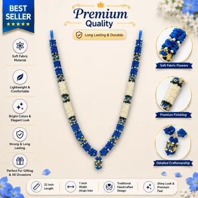 Premium Artificial Photo Frame Mala in Navy Blue & Cream |  Wedding Varmala Garland for God Idol | Soft Fabric Flower Garland primary image