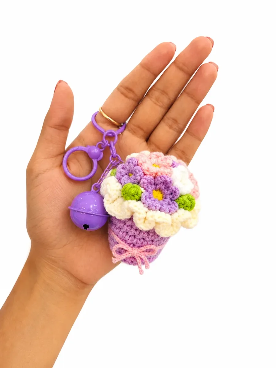 Handmade Crochet Lavender Flower Bouquet Keychain | Soft Purple Crochet Flower Bouquet Key Ring for Women & Girls