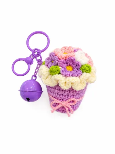 Handmade Crochet Lavender Flower Bouquet Keychain | Soft Purple Crochet Flower Bouquet Key Ring for Women & Girls