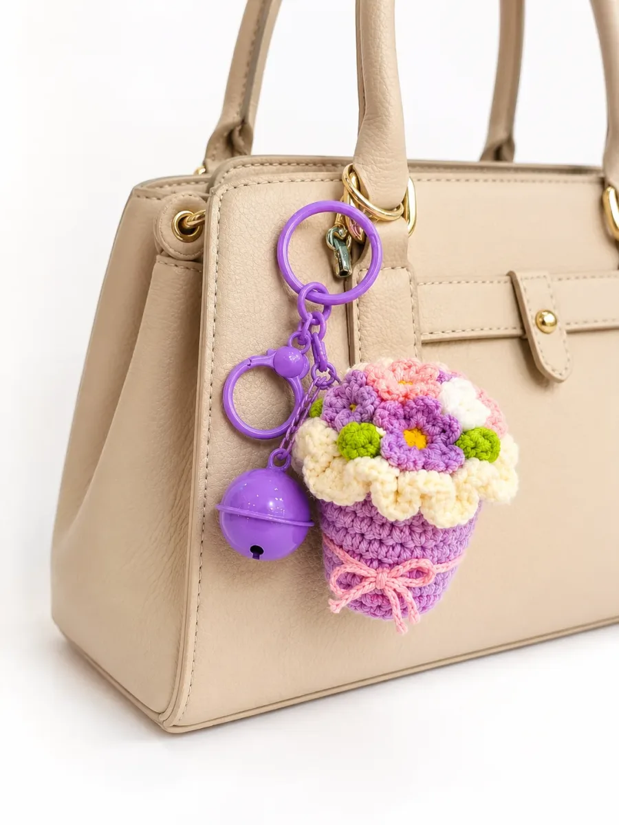 Handmade Crochet Lavender Flower Bouquet Keychain | Soft Purple Crochet Flower Bouquet Key Ring for Women & Girls