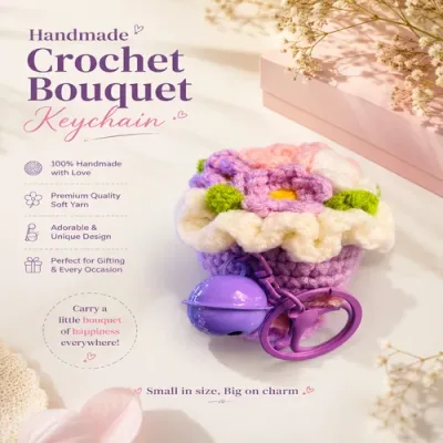 Handmade Crochet Lavender Flower Bouquet Keychain | Soft Purple Crochet Flower Bouquet Key Ring for Women & Girls primary image