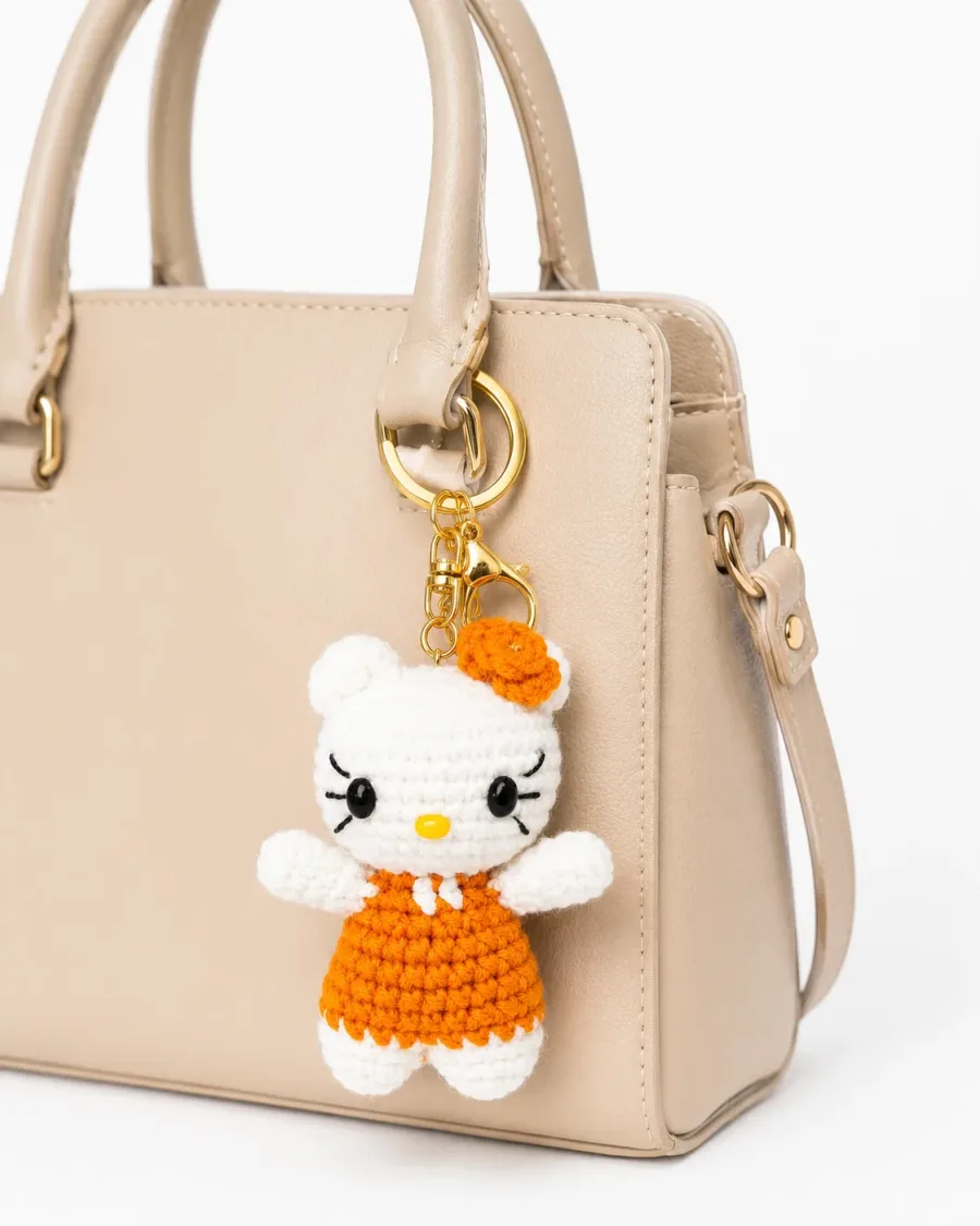 Handmade Crochet Kitty Keychain – Orange & White kitty Keychain Charm