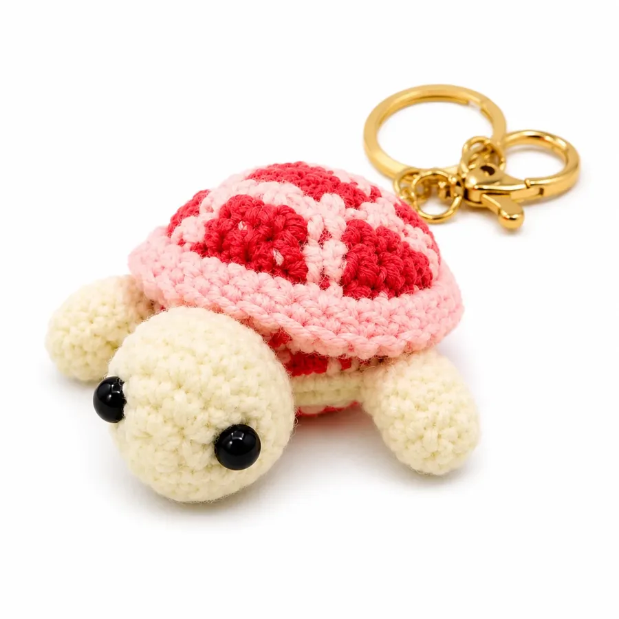 Handmade Crochet Turtle Keychain – Red & White Tortoise Keychain Charm