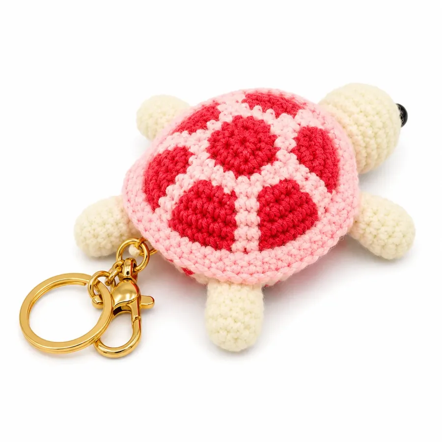 Handmade Crochet Turtle Keychain – Red & White Tortoise Keychain Charm