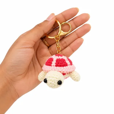 Handmade Crochet Turtle Keychain – Red & White Tortoise Keychain Charm