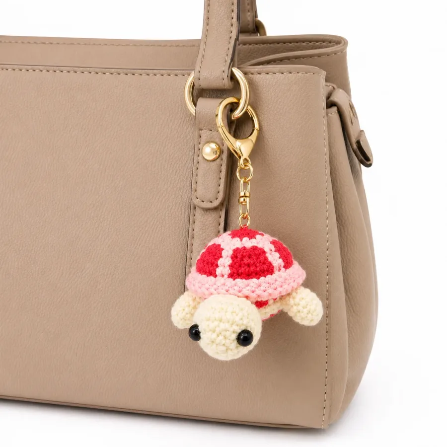 Handmade Crochet Turtle Keychain – Red & White Tortoise Keychain Charm