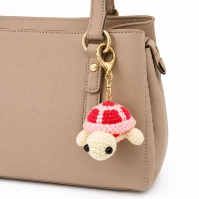 Handmade Crochet Turtle Keychain – Red & White Tortoise Keychain Charm