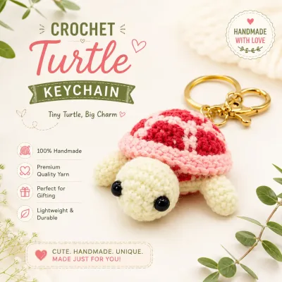 Handmade Crochet Turtle Keychain – Red & White Tortoise Keychain Charm