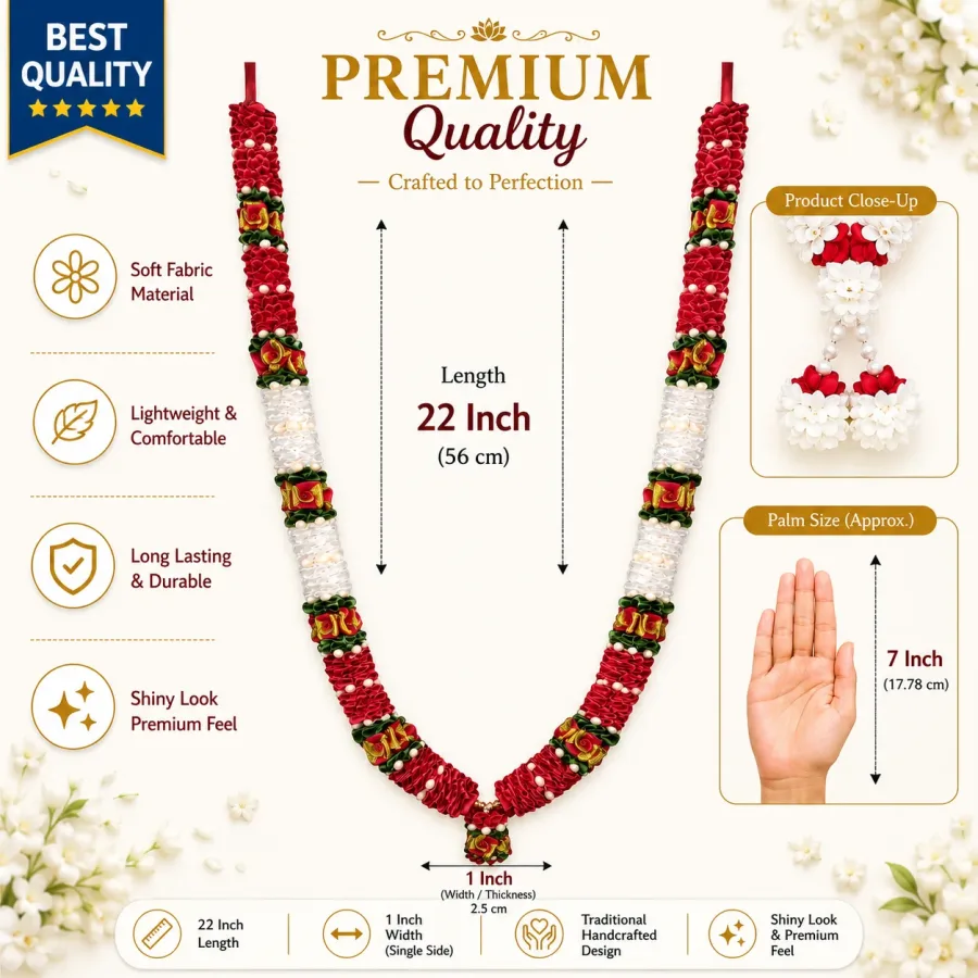 Handmade Artificial Flower Garland Mala For Photo Frame And God Idol, Artificial Moti Garland Decorating Flower Mala Pooja Room (Red, 22Inch)