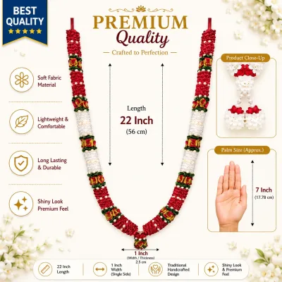 Handmade Artificial Flower Garland Mala For Photo Frame And God Idol, Artificial Moti Garland Decorating Flower Mala Pooja Room (Red, 22Inch)