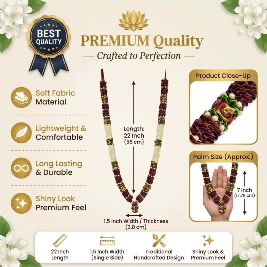 Flower Garland for Pooja Mandir Decoration, Hanging Mala for Photo Frame, Decorative Haar Mala for God Idols, Photo Frames of Loved Ones, Ancestors, Pitra & Pooja Room Décor (22inch)