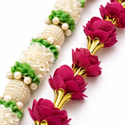 Artificial Flower Mala – Ivory Jasmine & Magenta Orchid Pooja Garland | Handmade Temple Decor Mala, 22 Inch alternate view