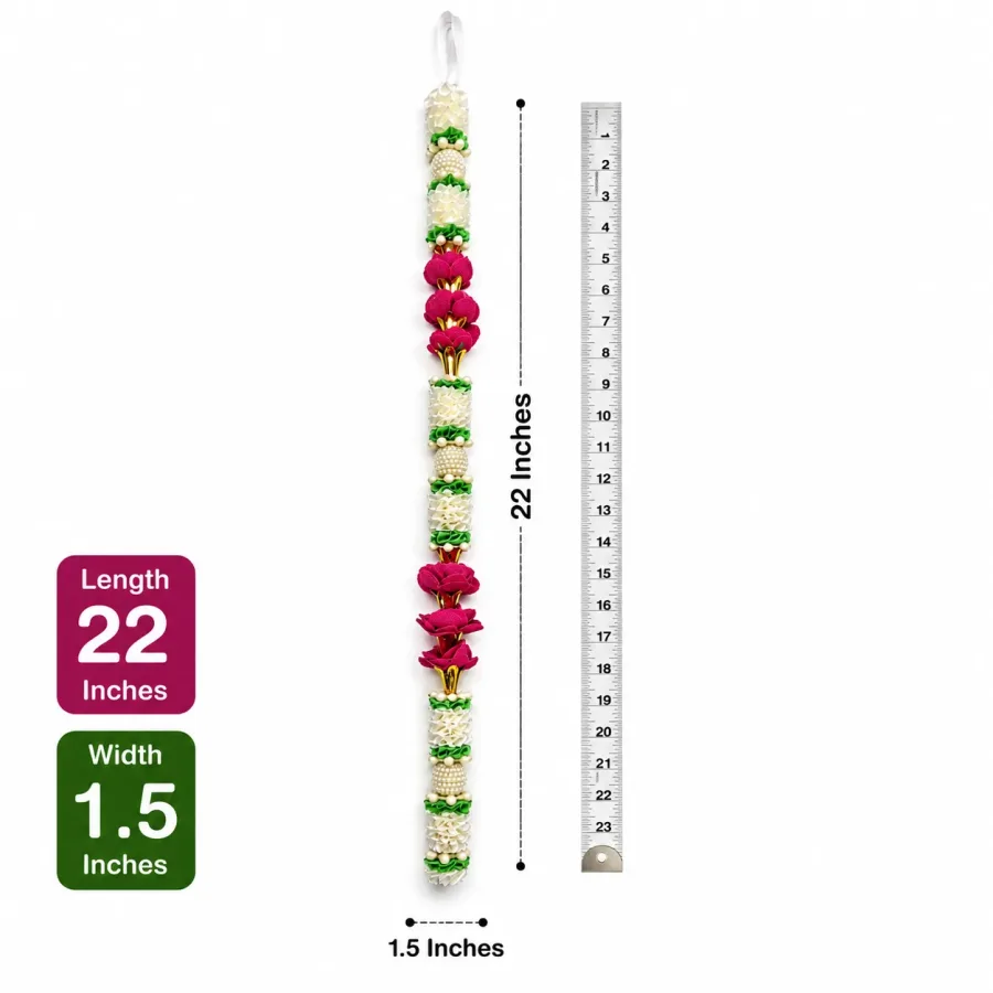Artificial Flower Mala – Ivory Jasmine & Magenta Orchid Pooja Garland | Handmade Temple Decor Mala, 22 Inch