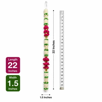 Artificial Flower Mala – Ivory Jasmine & Magenta Orchid Pooja Garland | Handmade Temple Decor Mala, 22 Inch