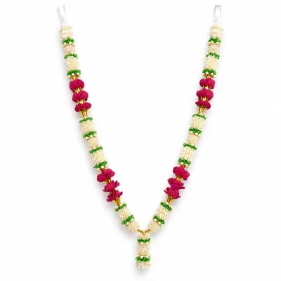Artificial Flower Mala – Ivory Jasmine & Magenta Orchid Pooja Garland | Handmade Temple Decor Mala, 22 Inch primary image