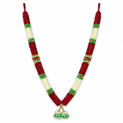 Handmade Ribbon Flower Mala – Red & Ivory Satin Pooja Garland with Pearl Tassels, 22 Inch primary image