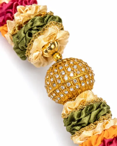 Handmade Multicolor Ribbon Mala – Pink, Orange & Gold Pooja Garland with Stone-Studded Beads, 22 Inch alternate view