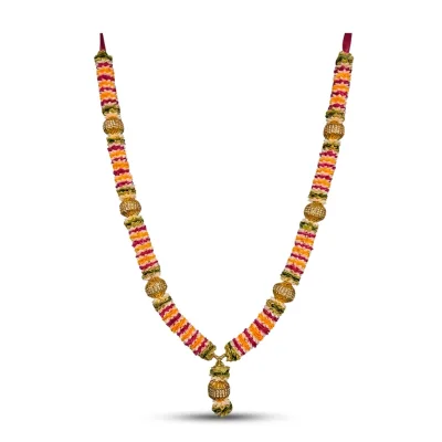 Handmade Multicolor Ribbon Mala – Pink, Orange & Gold Pooja Garland with Stone-Studded Beads, 22 Inch primary image