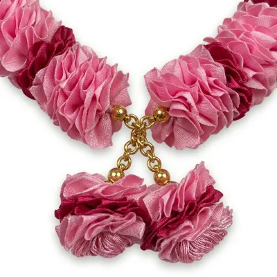 Handmade Pink & Maroon Ribbon Mala – Satin Flower Pooja Garland with Gold Bead Accents, 22 Inch alternate view