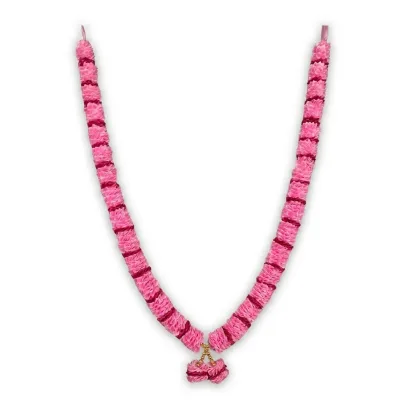 Handmade Pink & Maroon Ribbon Mala – Satin Flower Pooja Garland with Gold Bead Accents, 22 Inch primary image