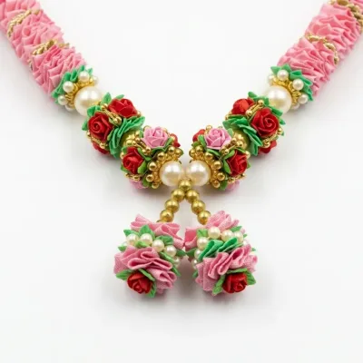 Handmade Pink Ribbon & Rose Mala – Ivory Tufted Pooja Garland with Pearl Accents, 22 Inch alternate view