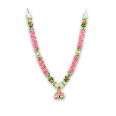 Handmade Pink Ribbon & Rose Mala – Ivory Tufted Pooja Garland with Pearl Accents, 22 Inch primary image