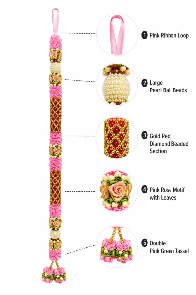 Handmade Pink Rose Mala with Gold-Red Beaded Sections & Pearl Balls – Premium Pooja Garland, 22 Inch alternate view