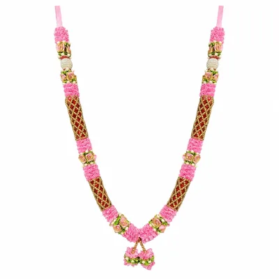 Handmade Pink Rose Mala with Gold-Red Beaded Sections & Pearl Balls – Premium Pooja Garland, 22 Inch primary image