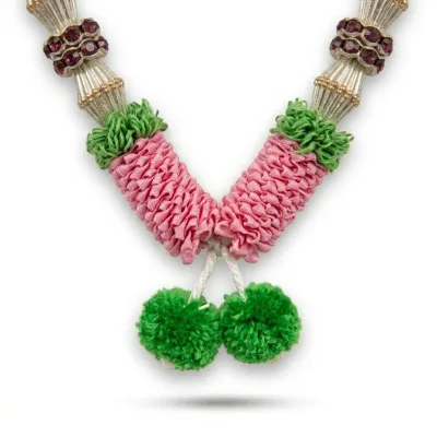 Handmade Pink Ribbon Mala with Gold Cone Beads & Green Tufts – Pooja Garland, 22 Inch alternate view