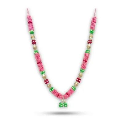 Handmade Pink Ribbon Mala with Gold Cone Beads & Green Tufts – Pooja Garland, 22 Inch primary image