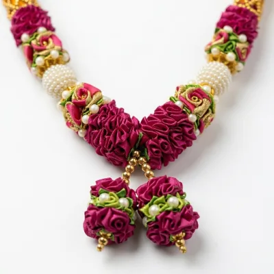 Handmade Magenta Ribbon Mala with Gold-Orange Beaded Sections & Pearl Balls – Premium Pooja Garland, 22 Inch alternate view